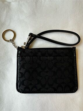 Coach Signature Black Jacquard ID Pouch Card Wristlet Keychain Wallet